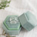 Silver leaf ring in mint velvet box with dried eucalyptus.
